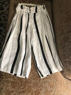 White Linen Culottes with cream stripes, black stripes by Vivian Shyu. Made in I